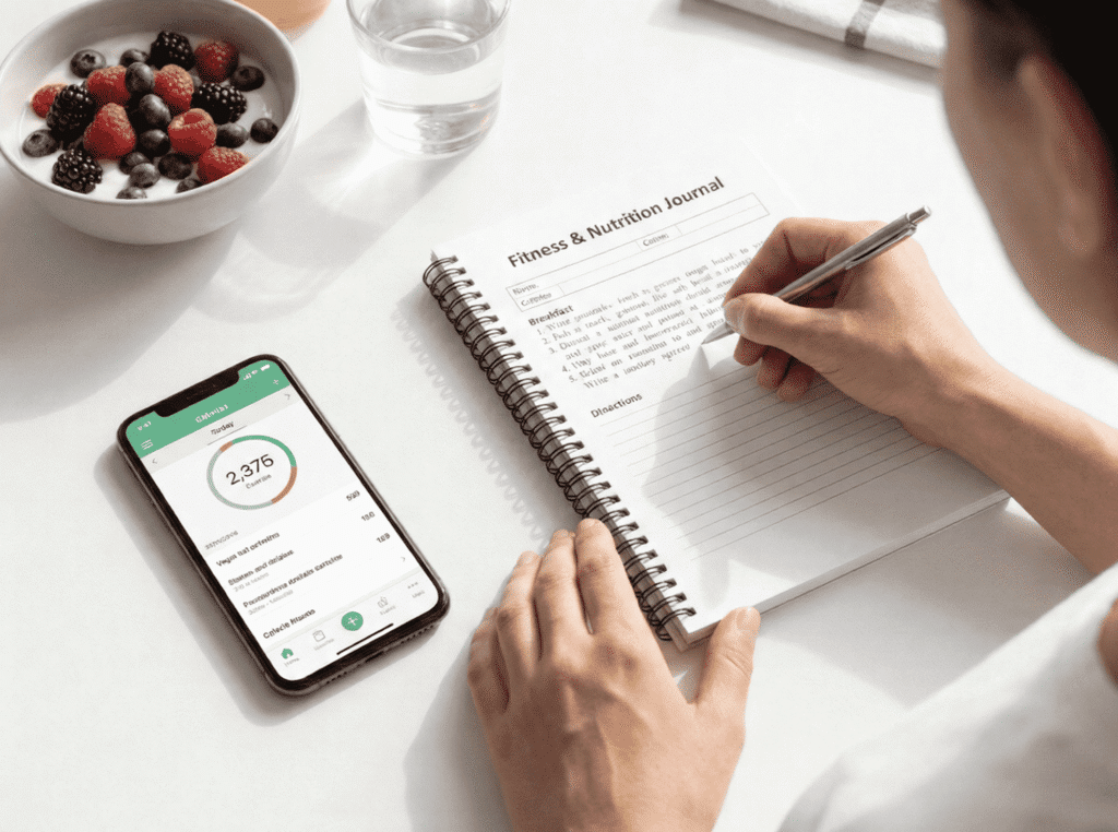 Hands logging details in a fitness and nutrition journal.