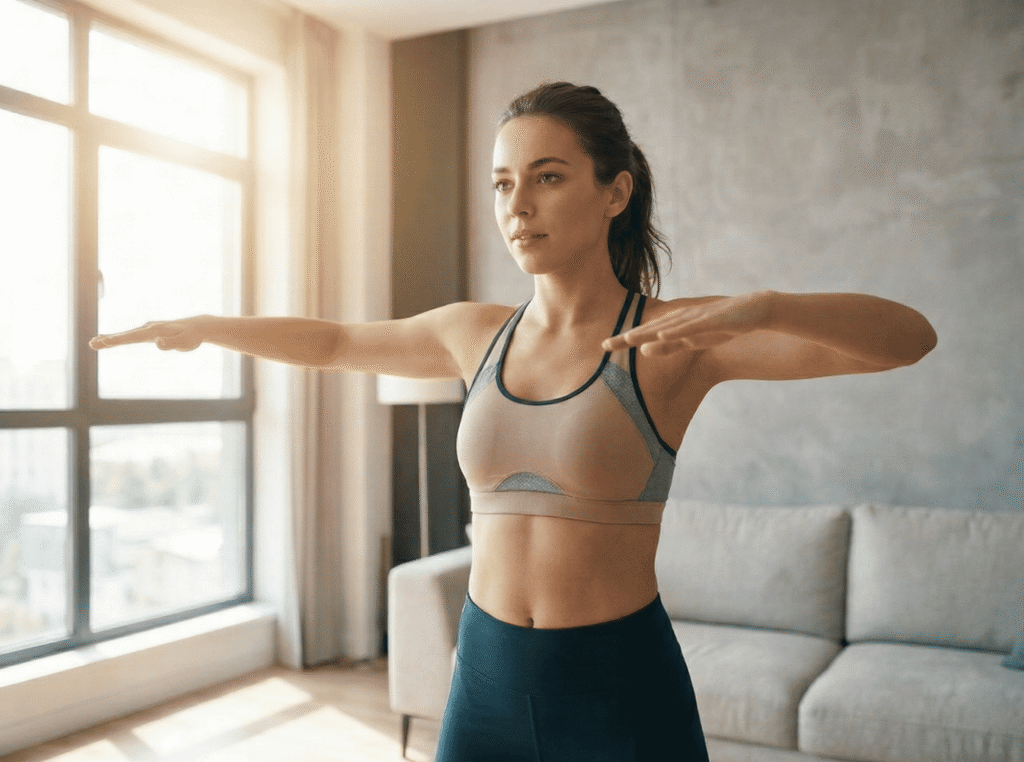 A woman is performing arm circles for a dynamic warm-up.