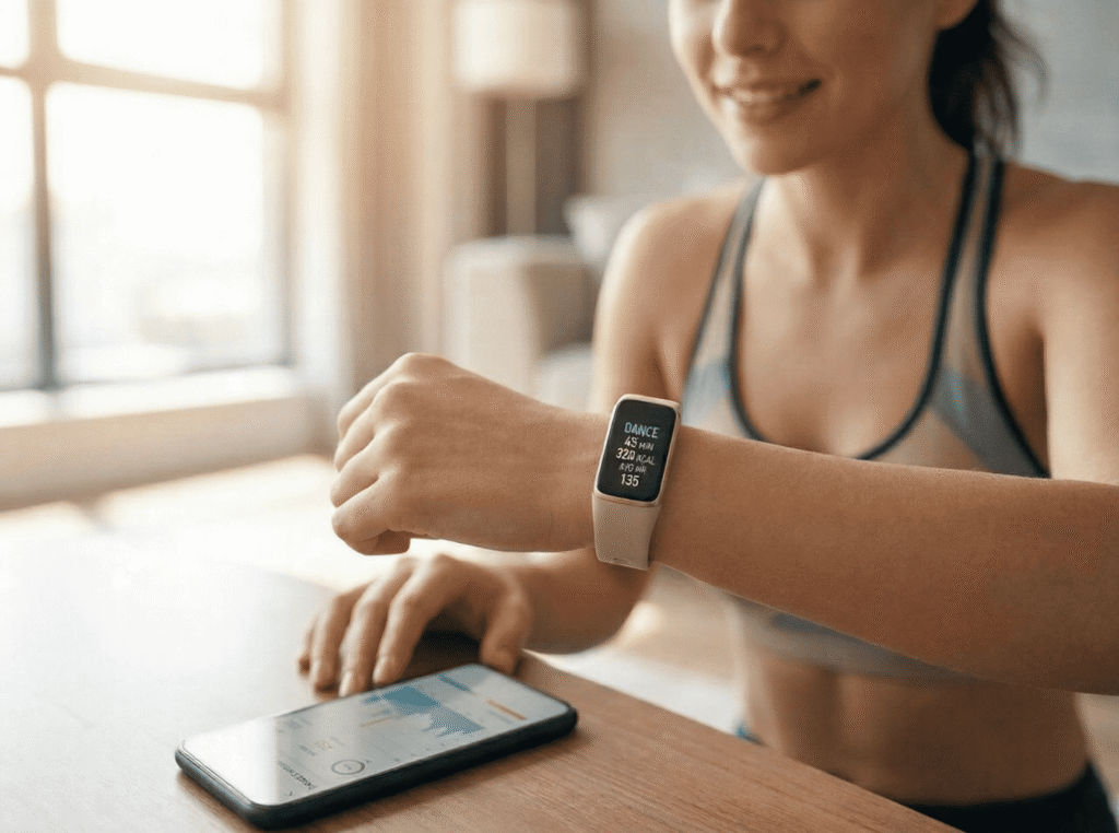 A woman is checking a completed dance workout on a fitness tracker screen.