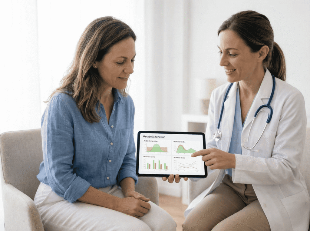A doctor is analyzing hormonal graphs for a woman.