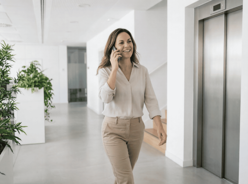 A woman walks down the office hallway to boost her NEAT.