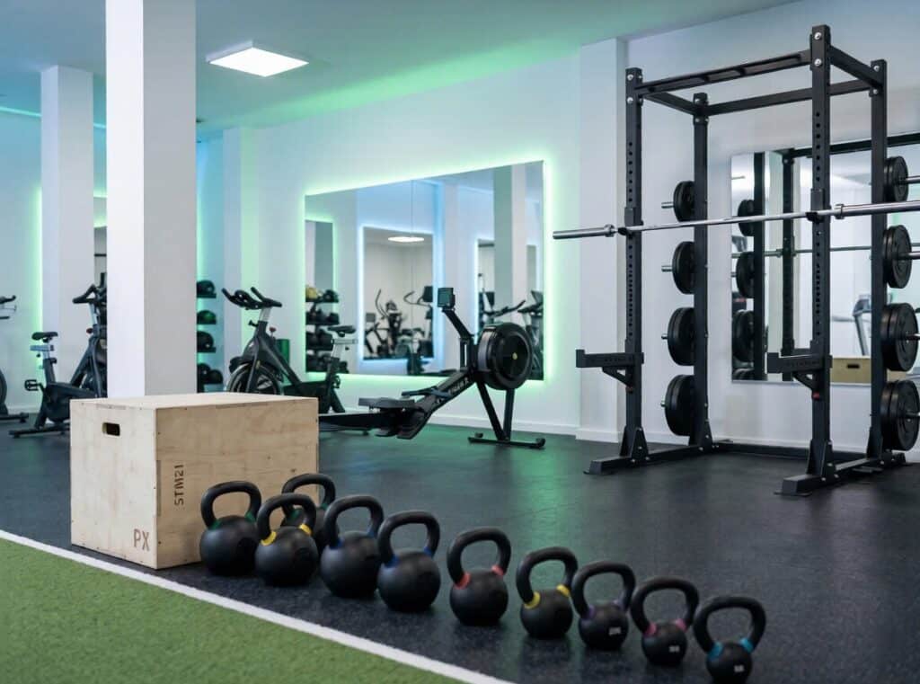 A tidy functional training gym floor.
