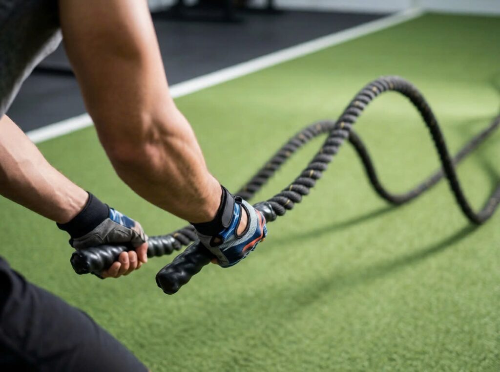 Hands gripping active battle ropes.