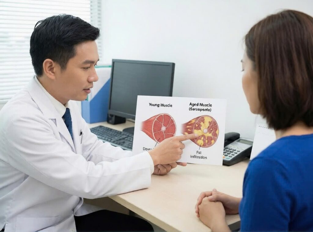 A doctor explaining muscle loss and sarcopenia with a diagram.