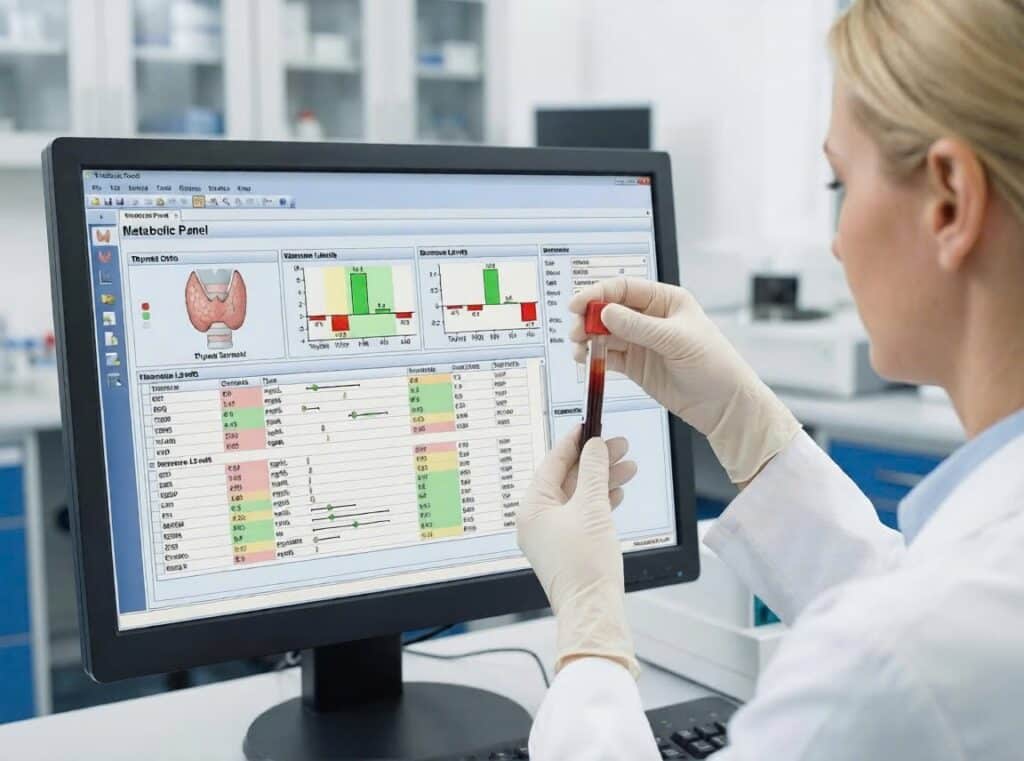Medical professional analyzing metabolic panel data in a lab.
