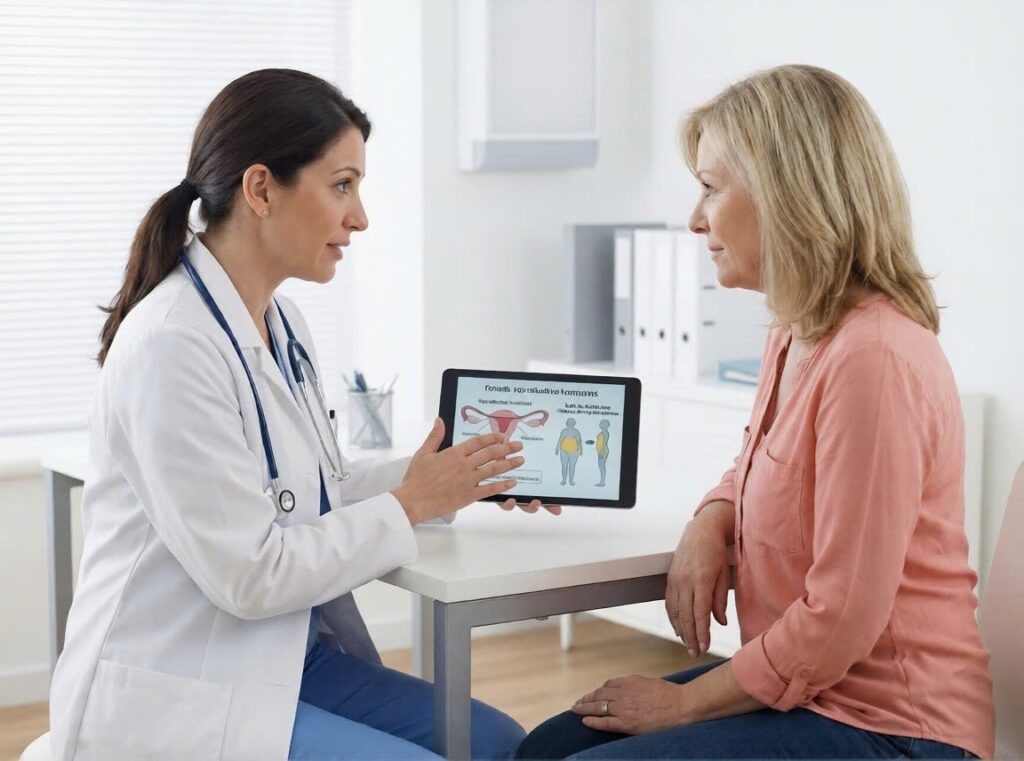 A doctor discussing hormonal changes and body fat distribution.