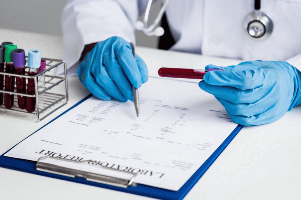 A doctor is reviewing a patient's testosterone test results.