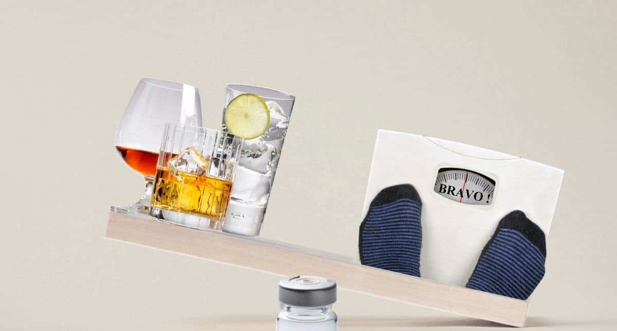 People on semagltuide are drinking less a balance scale with a body weight scale on one side and drinks on the other